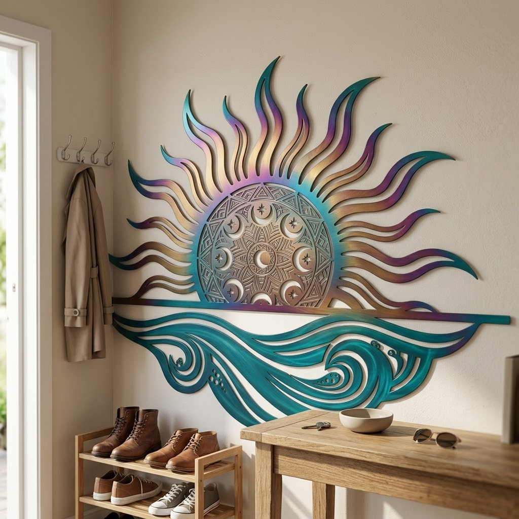 Sunset Metal Wall Art, Ocean Wave Outdoor Patio Decor, Coastal Beach House Sign