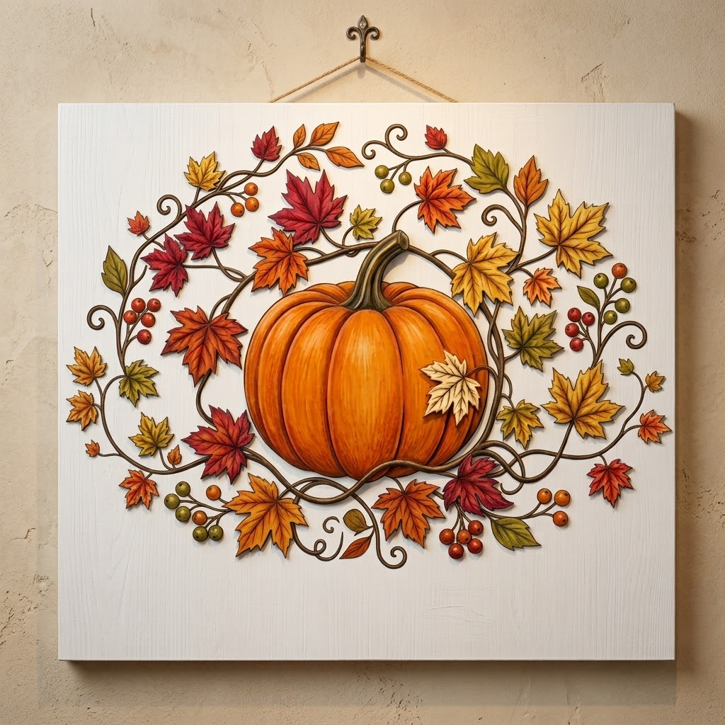 Autumn Pumpkin Metal Wall Art, Fall Garden Decor, Maple Leaf Harvest Sign