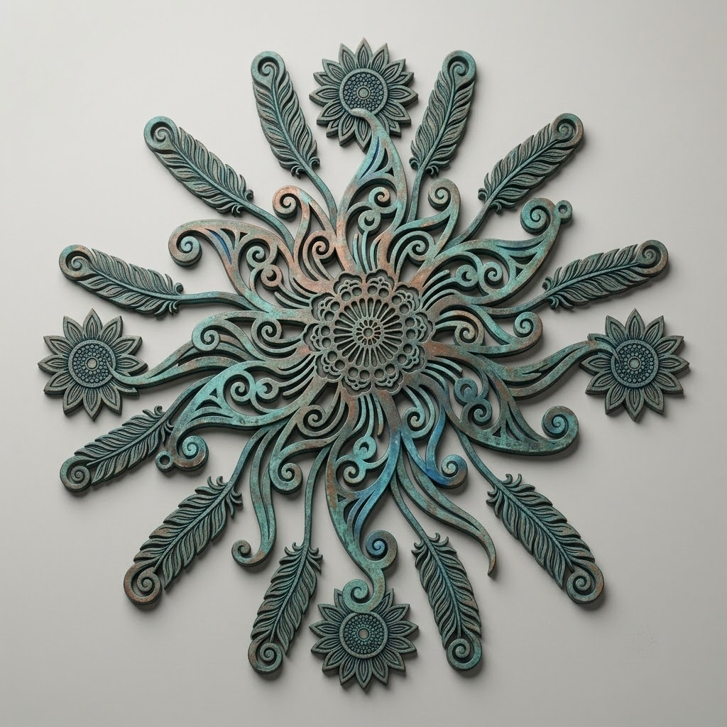 Turquoise Mandala Sun Metal Art, Large Boho Celestial Outdoor Wall Decor