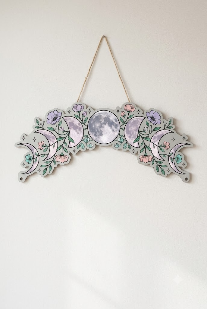 Elegant Moon Phases Arranged In A Flowing Arch Metal Sign, Crescent Moons & Flowering Vines