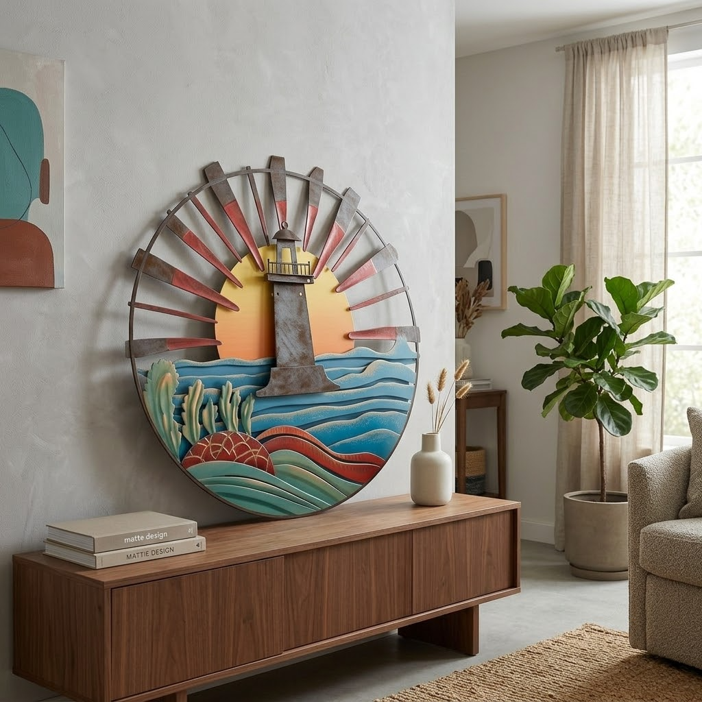 Sunburst Lighthouse Metal Wall Art, Irregular Sun Rays Coastal Decor Sign
