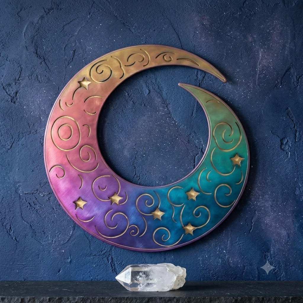 Arched moon phase design with crescent moons full moon and stars metal sign, rainbow bands, floral accents