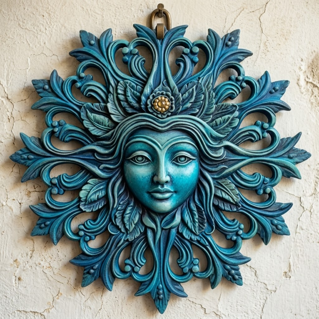 Winter Blue Floral Sun Goddess Metal Wall Art, Celestial Decor For Home