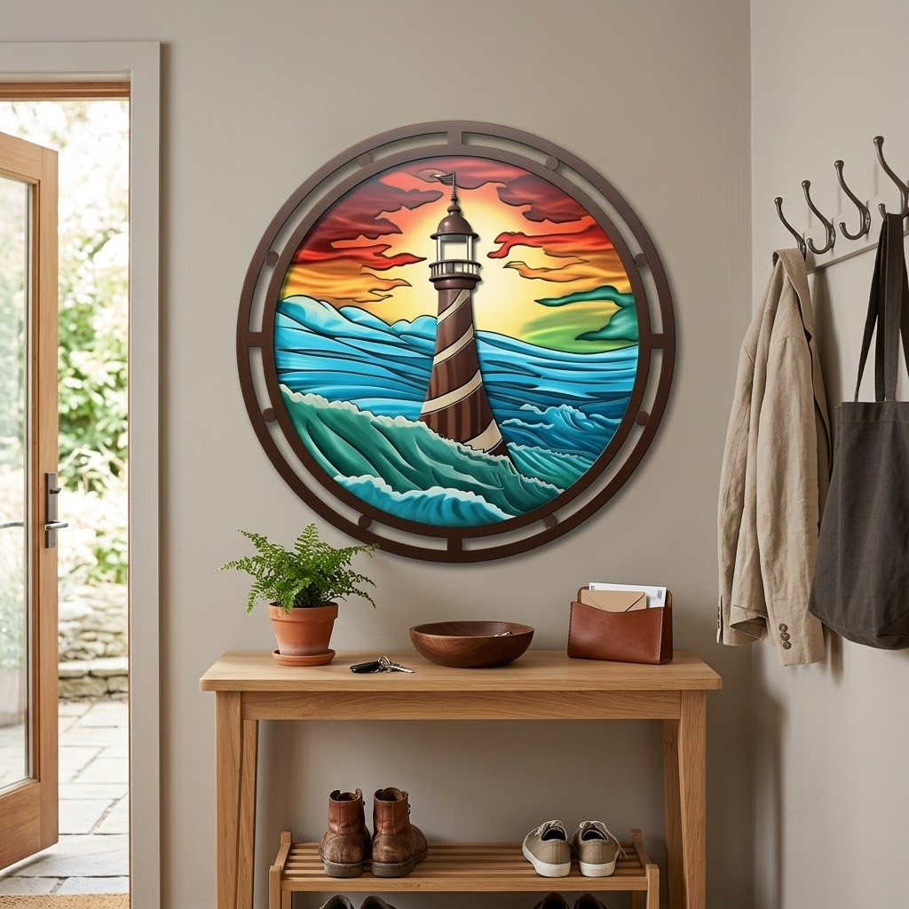Vibrant Lighthouse Sunburst Metal Wall Art, Colorful Ocean Wave Sign