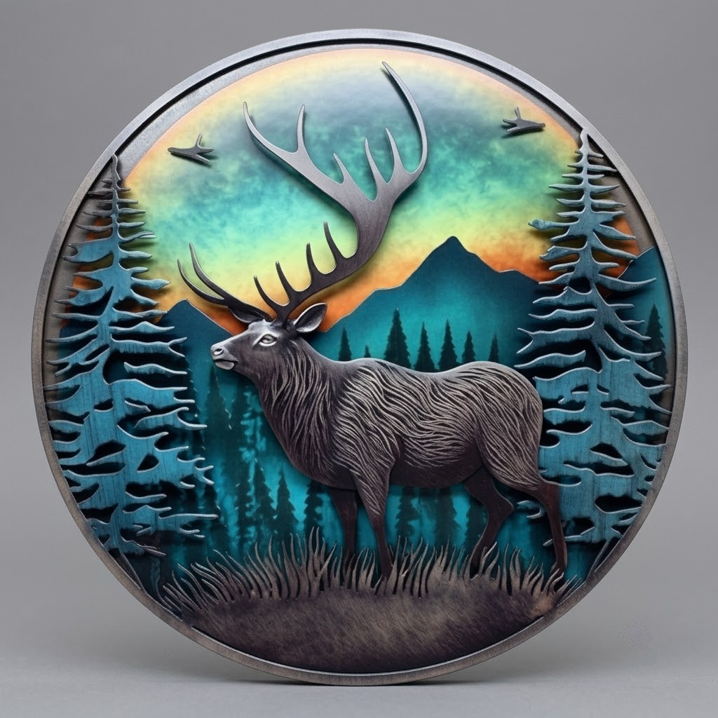 Crescent Mountain Deer Eagle Metal Wall Art