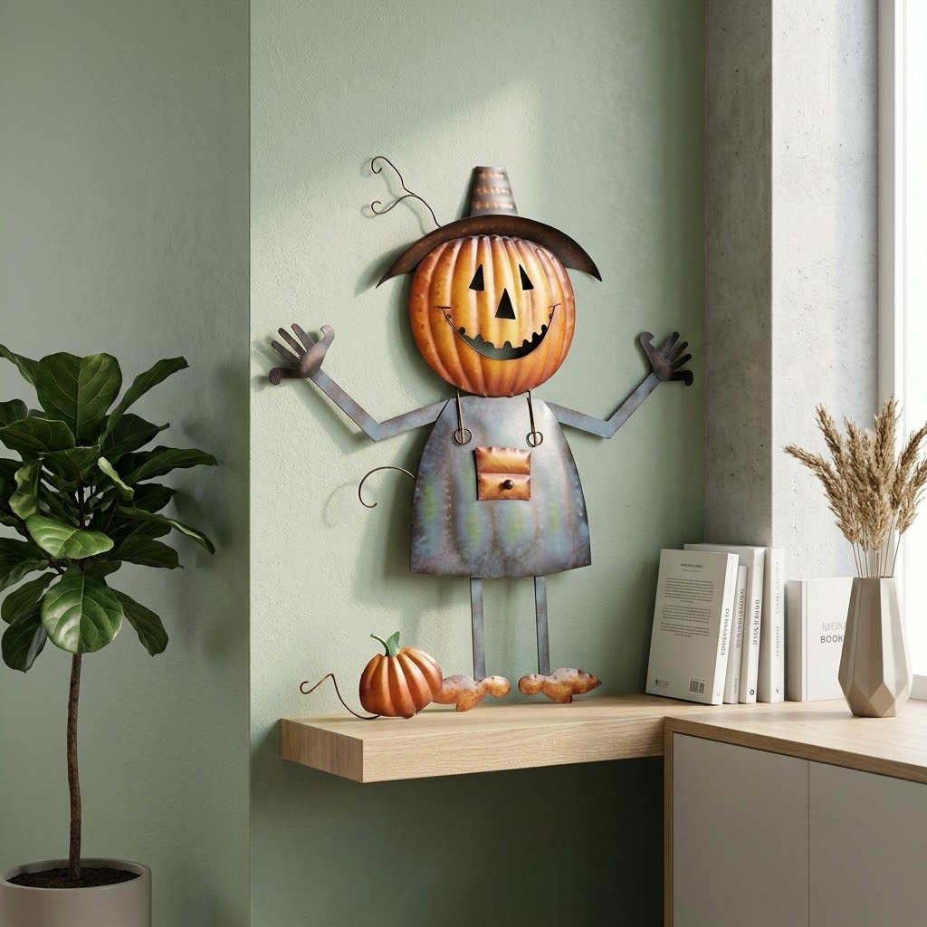 Whimsical Pumpkin Scarecrow Metal Garden Stake, Premium One Piece Flat Aluminum Art