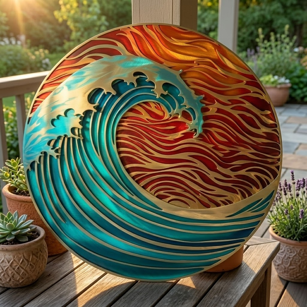 Aurora Coastal Sun Wave Metal Wall Art, Colorful Beach Sunset Metal Sign