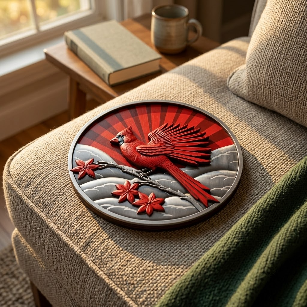 Red Cardinal Metal Wall Art, Autumn Leaves & Berries, Organic Sunburst Rays Decor