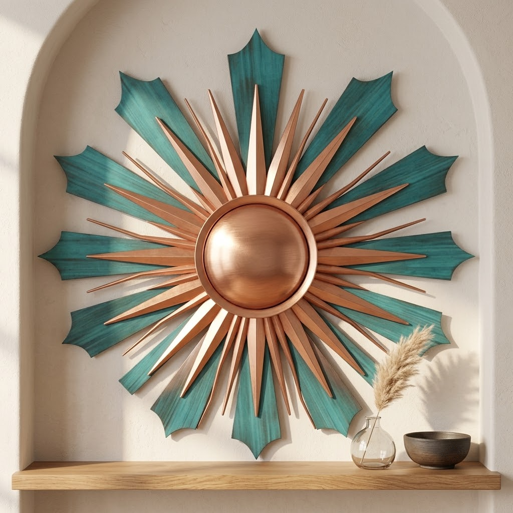 Turquoise Flame Ray Sunburst Metal Wall Art, Southwestern Decor