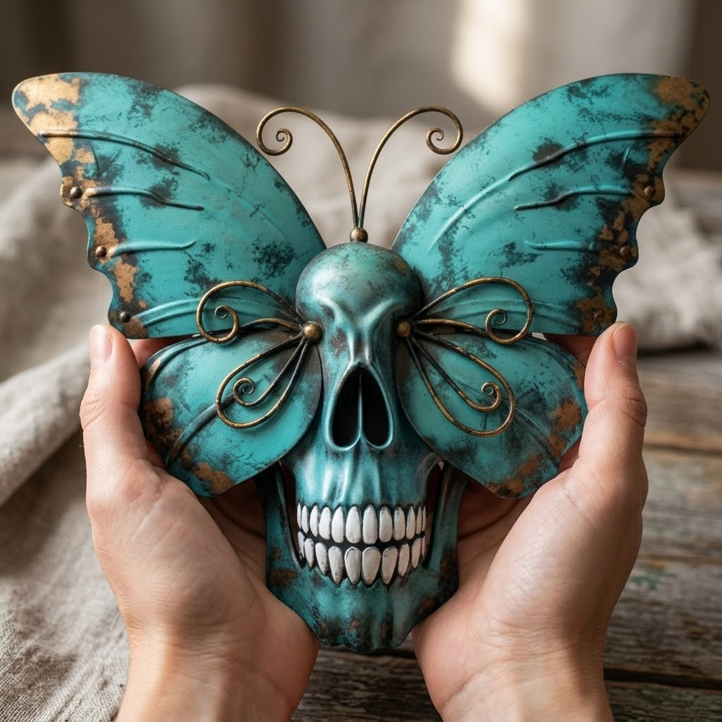 Turquoise Patina Skull Butterfly Metal Wall Art