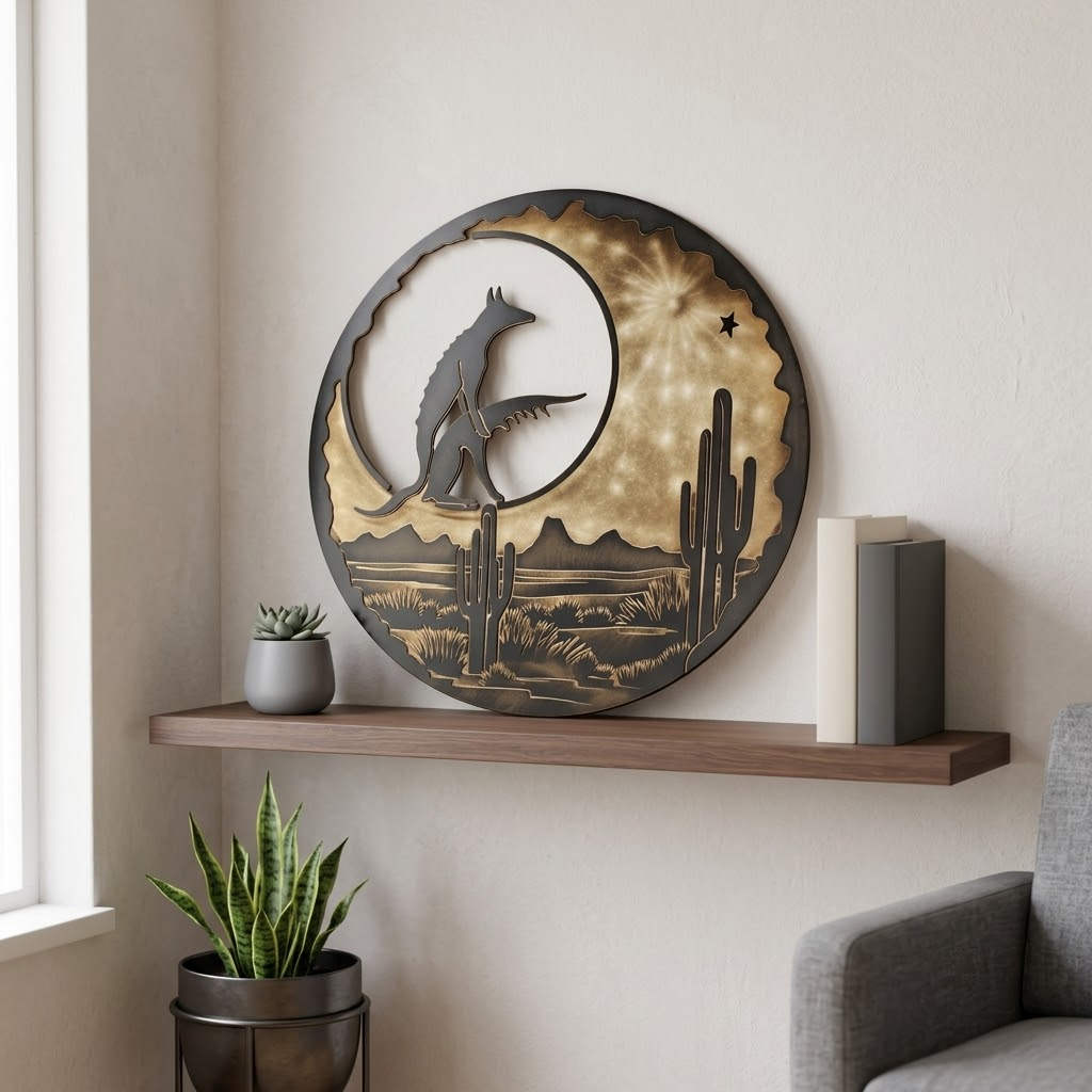 Midnight Desert Moon Coyote Metal Wall Art, Southwestern Celestial Sign