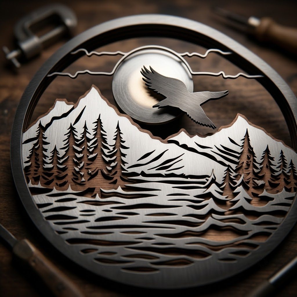 Mountain Peaks River Metal Sign, Pine Trees Sunrise Birds Wall Art