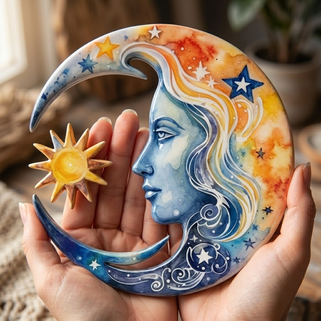 Celestial With Radiant Sun And Elegant Crescent Moon Metal Sign, Watercolor Sky Art