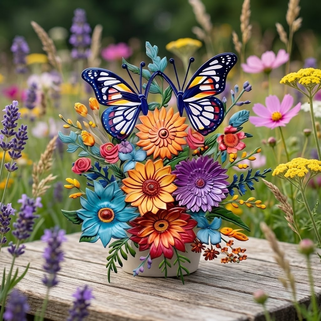 Wildflower Bouquet Butterfly Metal Wall Art