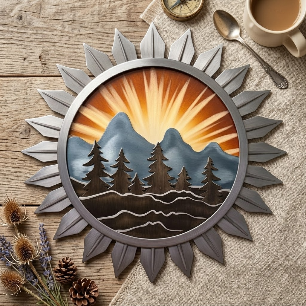 Rustic Classic Mountain Sunburst Metal Wall Art For Cabins
