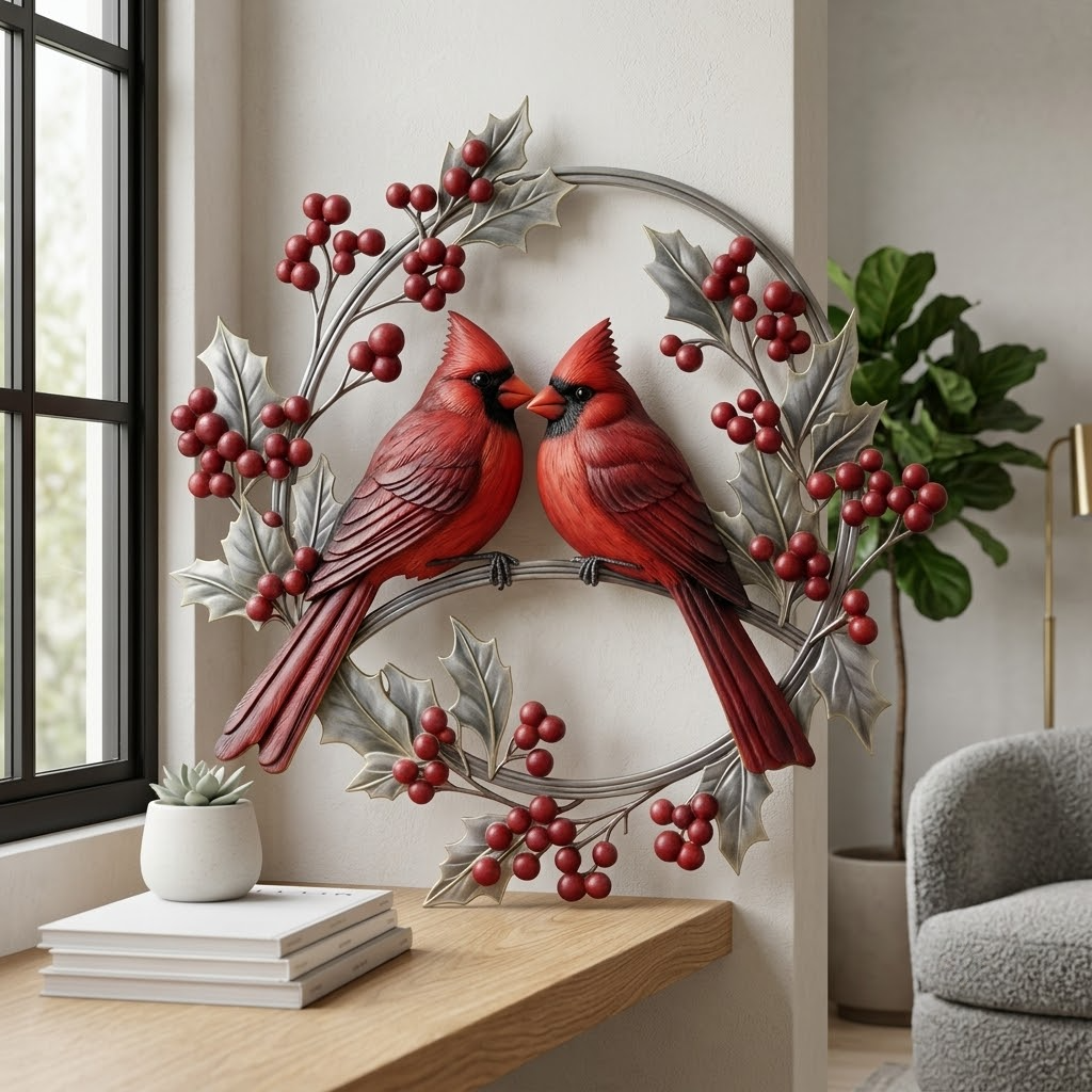 Cardinal Corner Metal Wall Art, Christmas Decor Gift