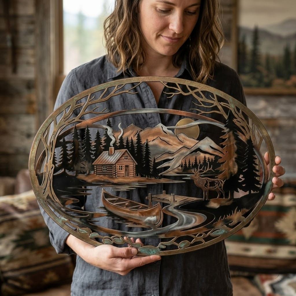 Cabin Wall Decor, Mountain Lake Lodge Metal Sign, Rustic Woodland Nature Art, Lake House Gift