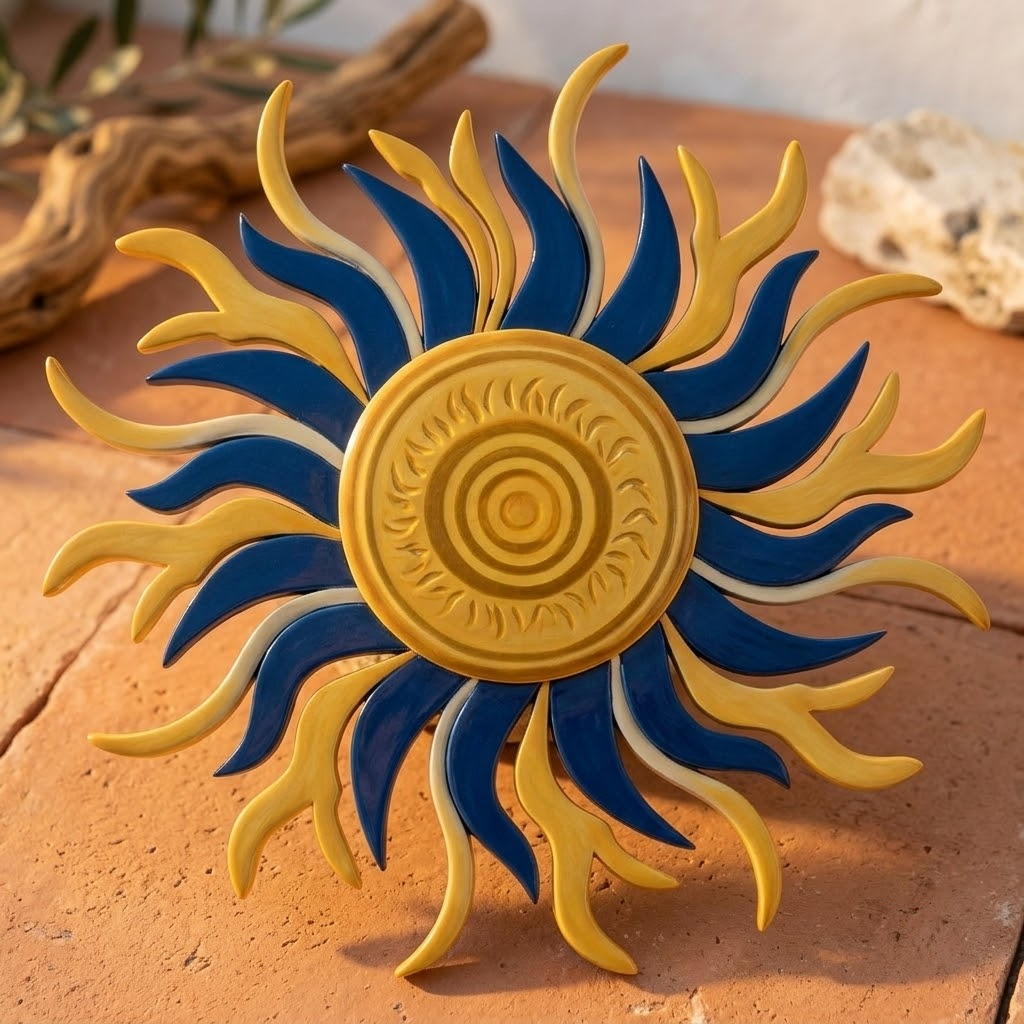 Mediterranean Yellow Blue Sunburst Wave Metal Wall Art For Home Decor