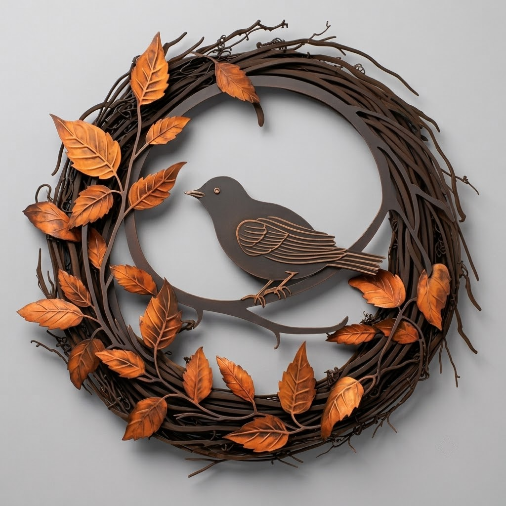 Charming Autumn Bird Nest Metal Wall Art, Fall Bird Metal Sign Decor