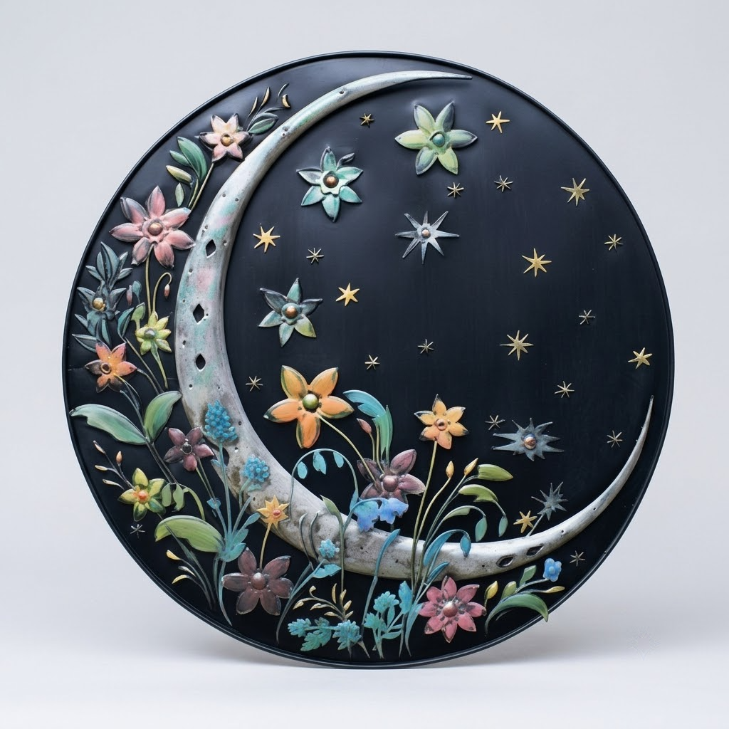 Crescent Moon Flowers Leaves Stars Organic Silhouette Metal Wall Art, Boho Decor