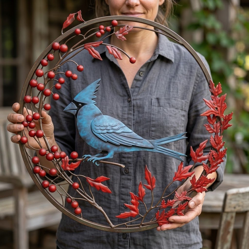Crescent Moon Cardinal Winter Berries Metal Wall Art