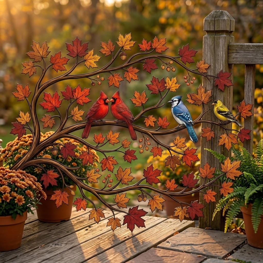 Autumn Bird Metal Wall Art, Cardinal Blue Jay Maple Leaf Branch Decor, Fall Garden Sign