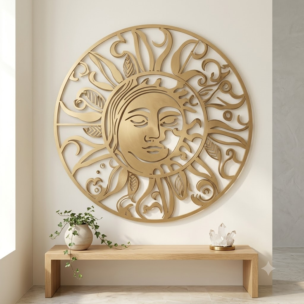 Large smiling sun and crescent moon intertwined metal sign, open airy celestial wall art