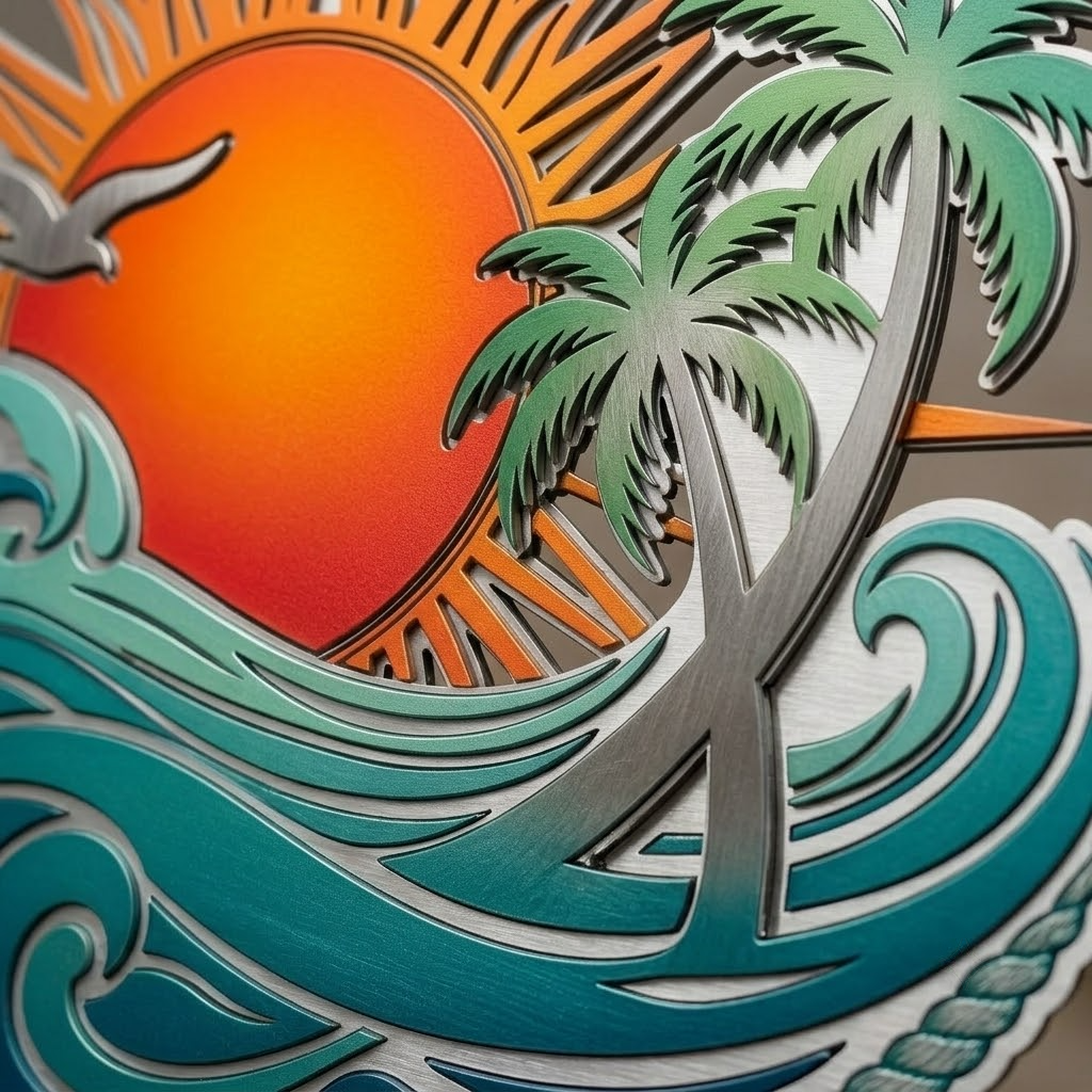 Coastal Metal Wall Art, Sunrise Ocean Metal Sign, Beach House Patio Decor