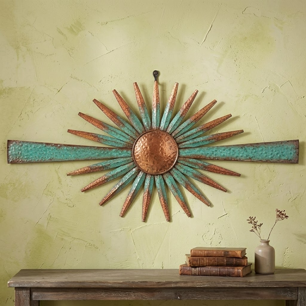 Copper Turquoise Sunburst Panorama Metal Wall Art, Desert Canyon Scene