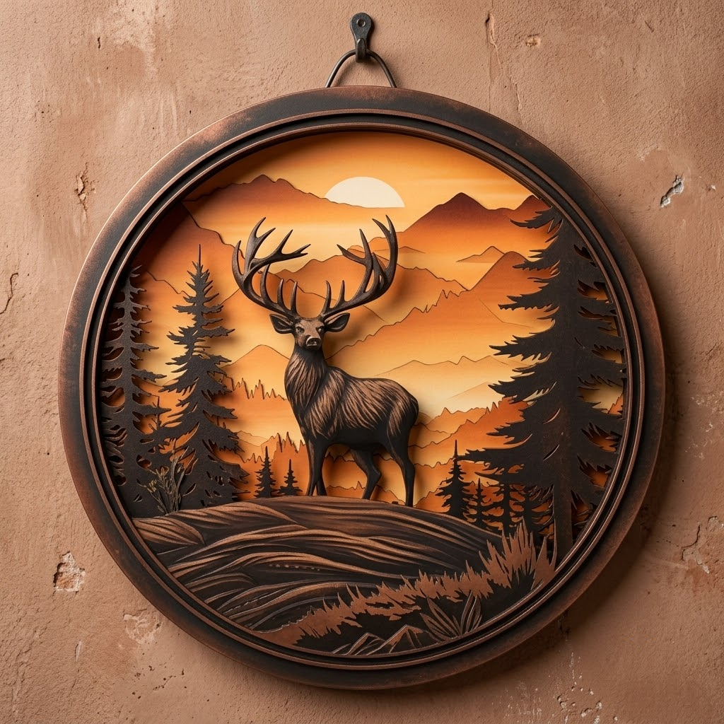 Radiant Sunburst Mountain Peaks, Elk Mountain Sunburst Metal Wall Art For Lodge