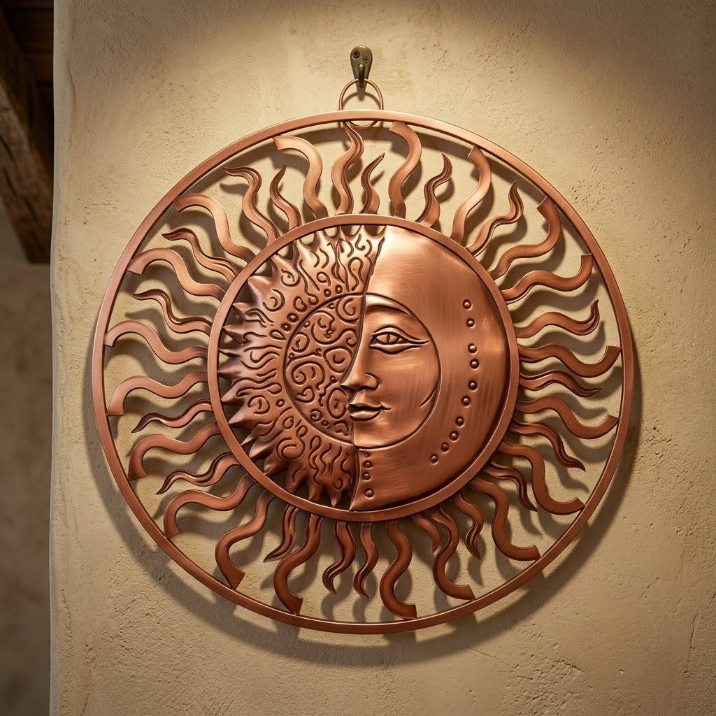 Crescent Moon Wall Decor, Celestial Sun Face Metal Sign For Home Patio