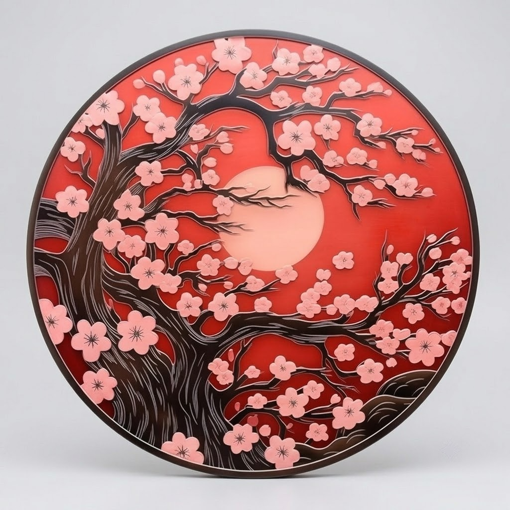 Cherry Blossom Sunburst Metal Wall Art, Japanese Decor, Spring Floral Art
