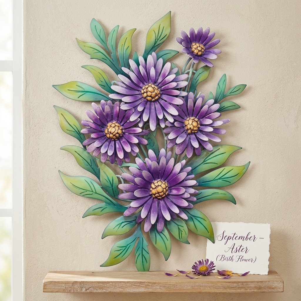 September Aster Birth Flower Bouquet Metal Wall Art