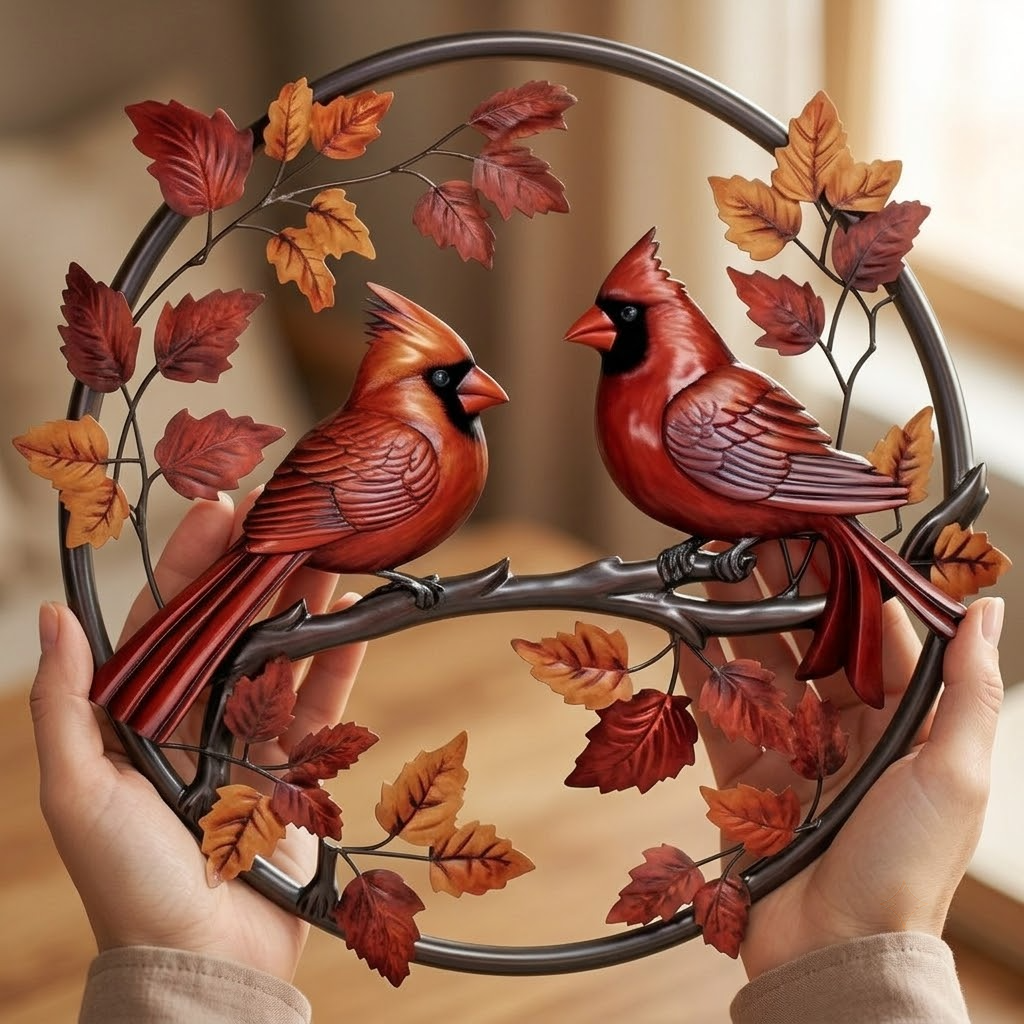 Autumn Cardinal Doorway Metal Wall Art, Maple Leaf Cardinal Metal Sign Decor