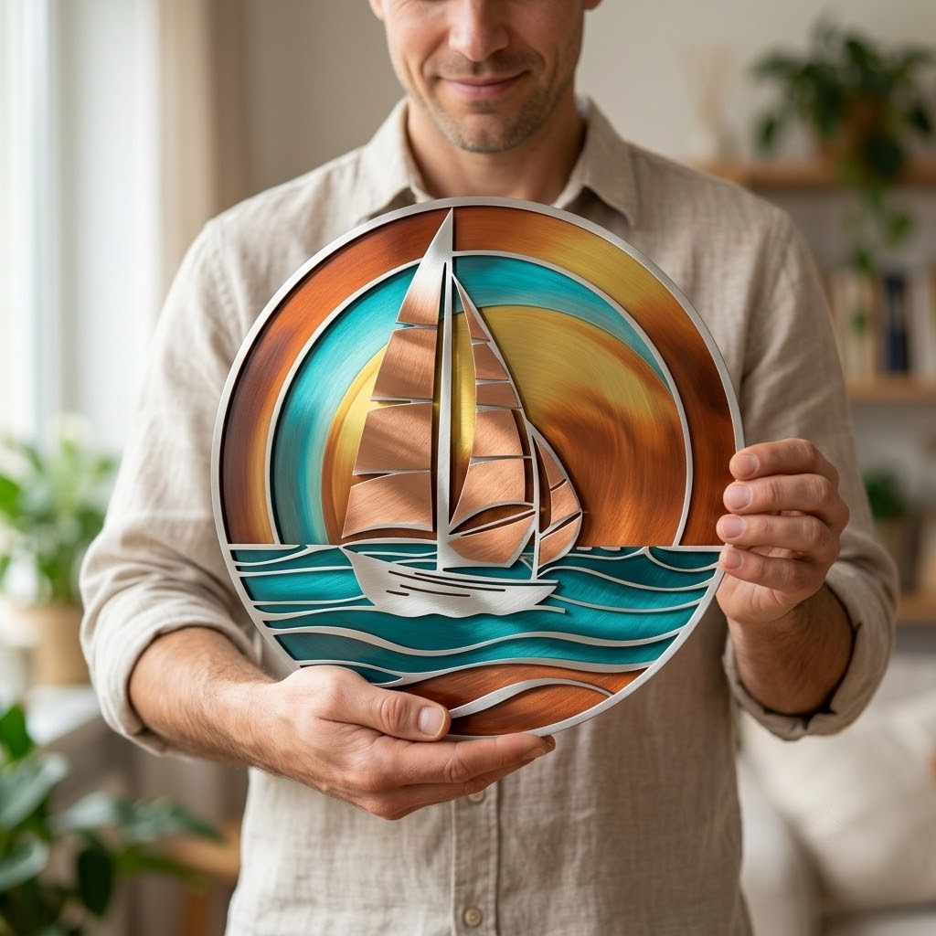 Sailboat Wave Sunburst Metal Wall Art, Coastal Ocean Decor For Home