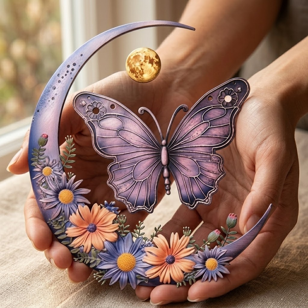 Crescent Moon Wildflowers And Butterflies Metal Wall Art Sign