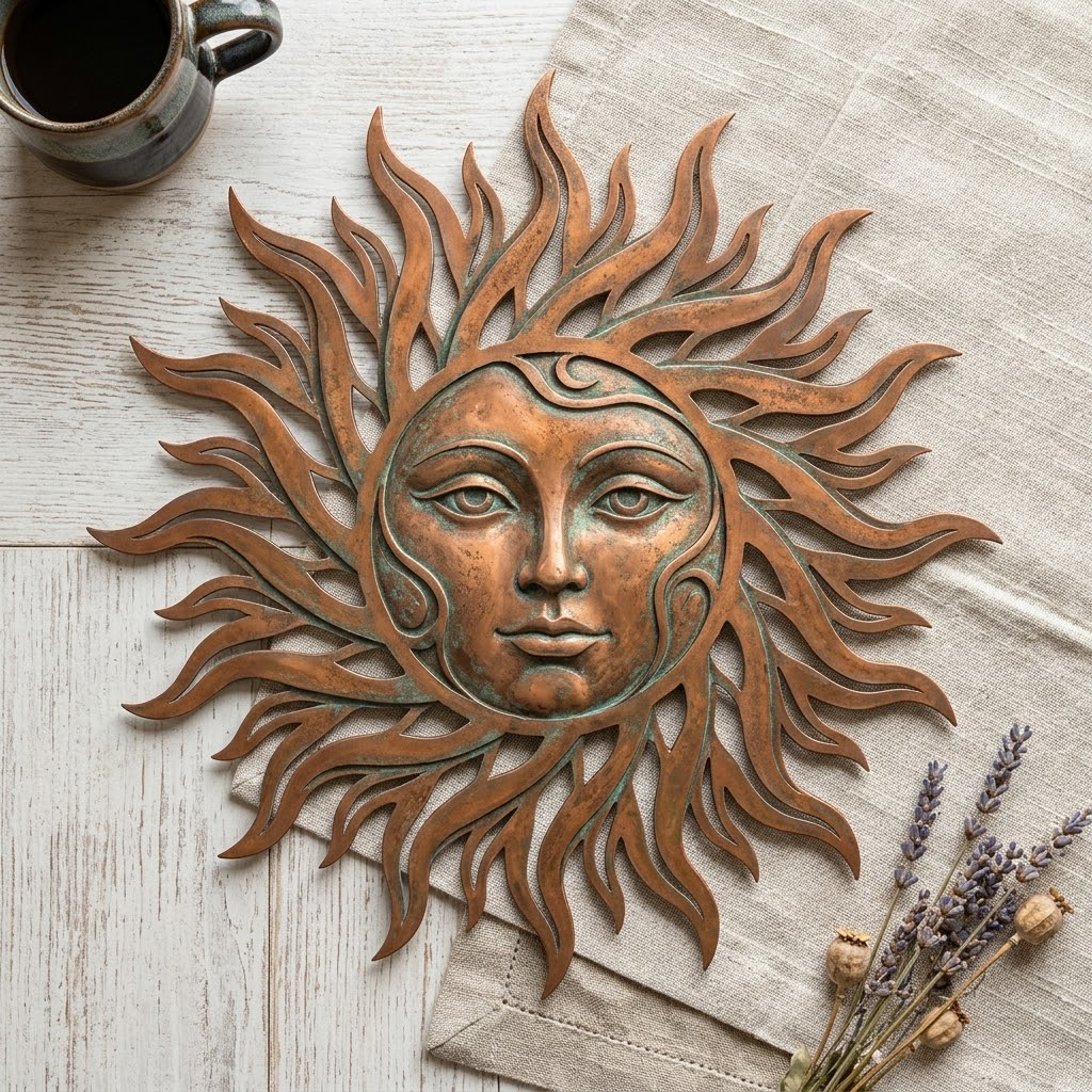 Sun Face Metal Wall Art, Rustic Celestial Garden Sign Decor