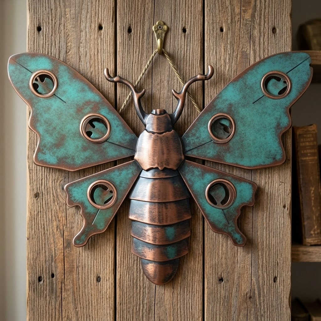 Copper Turquoise Death Moth Skull Metal Wall Art, Gothic Halloween Sign Decor