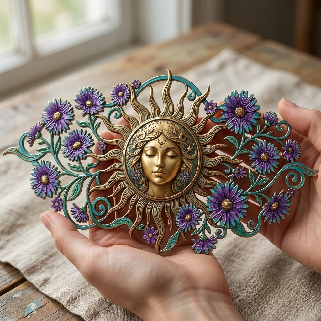 Aster Sun Goddess Metal Wall Art, Birth Flower Decor