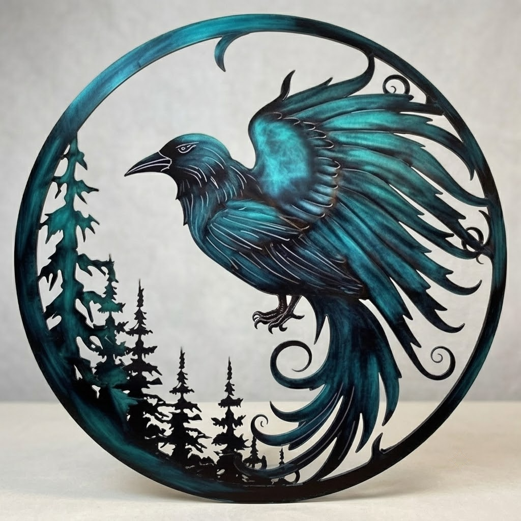 Mystic Forest Crescent Moon Raven Metal Wall Art For Witchy Decor