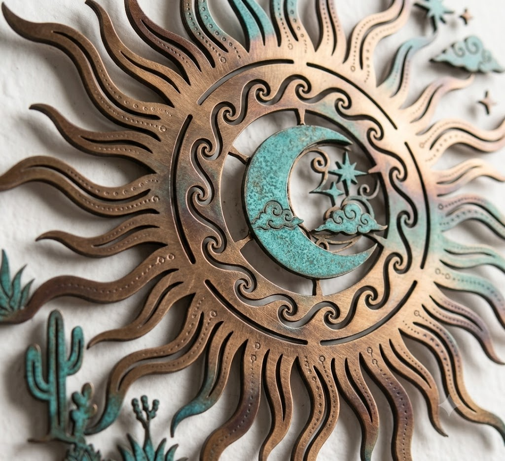 Boho Patina Sun Metal Wall Art, Celestial Garden Decor, Rustic Outdoor Sign