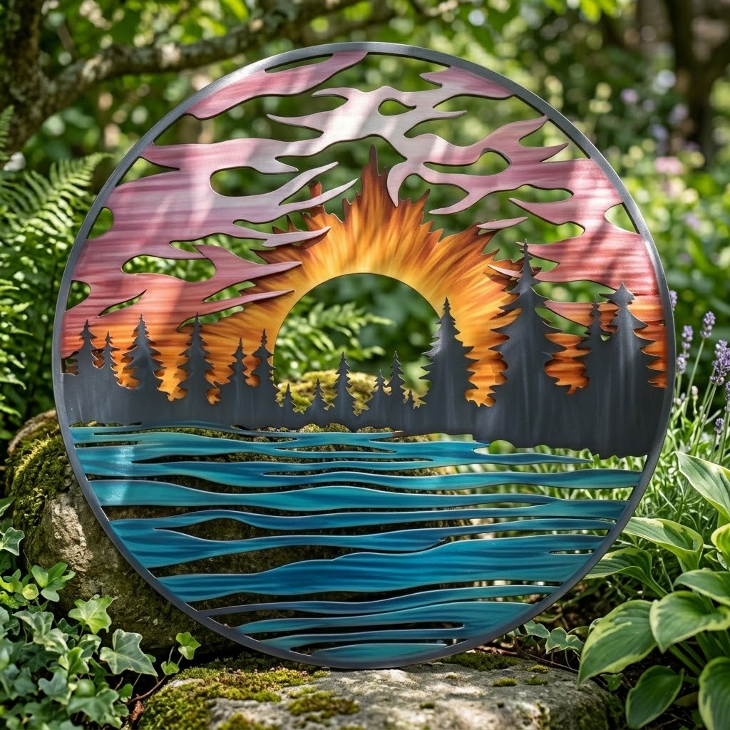 Mountain Sunburst Metal Wall Art With Lake Reflection, Radiant Sunburst