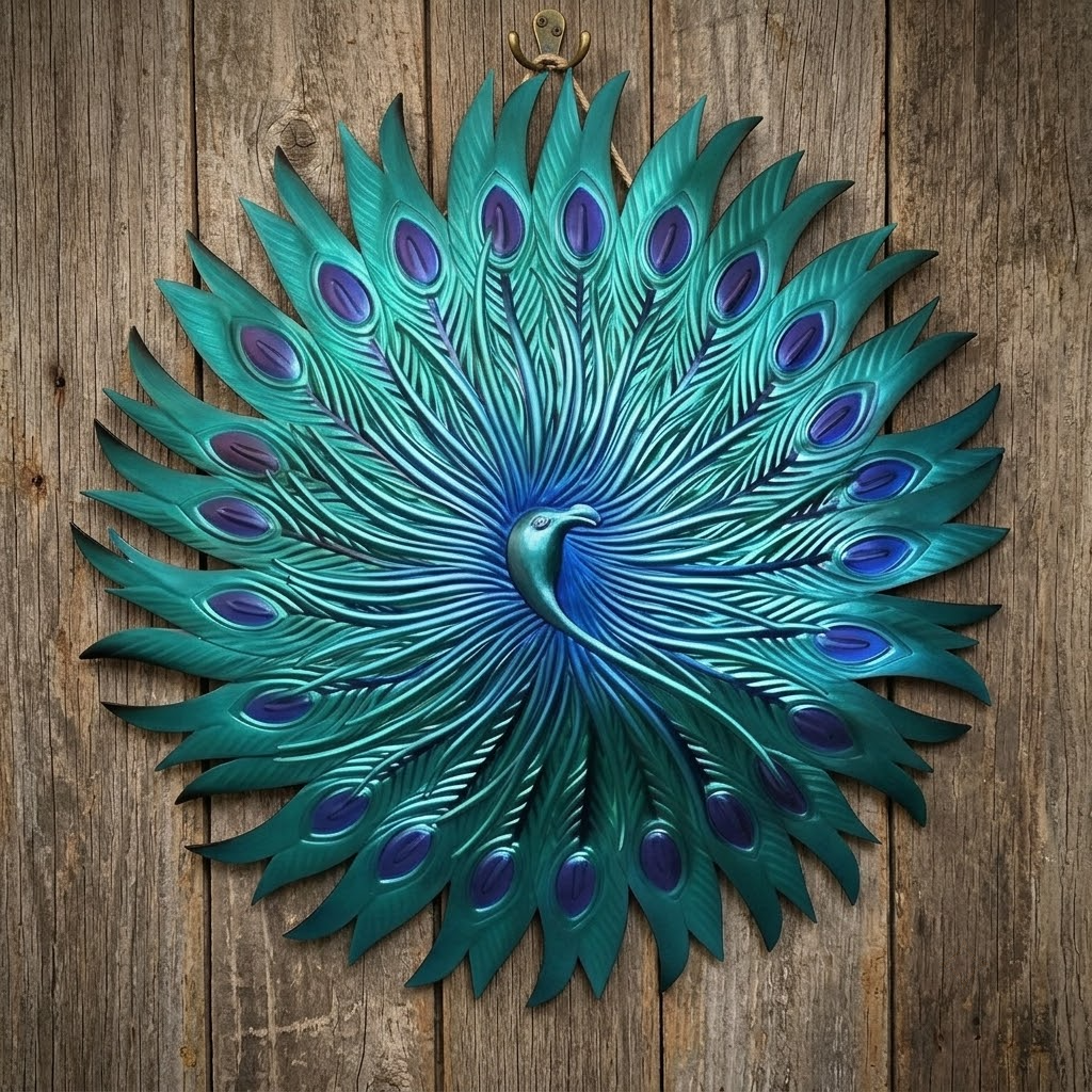Large Peacock Feathers Sun Rays Sapphire Blue Metal Wall Art
