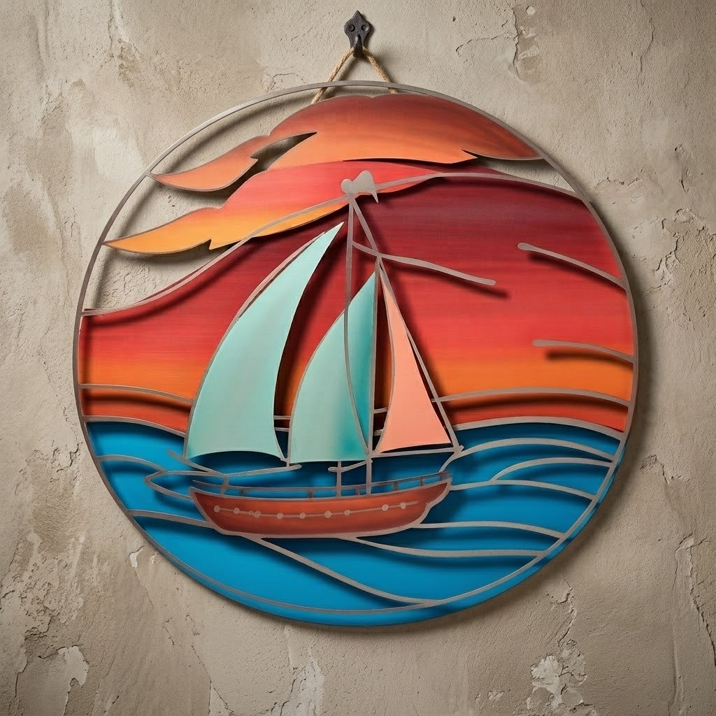 Sailboat Wave Sunburst Metal Wall Art, Coastal Ocean Decor For Beach House