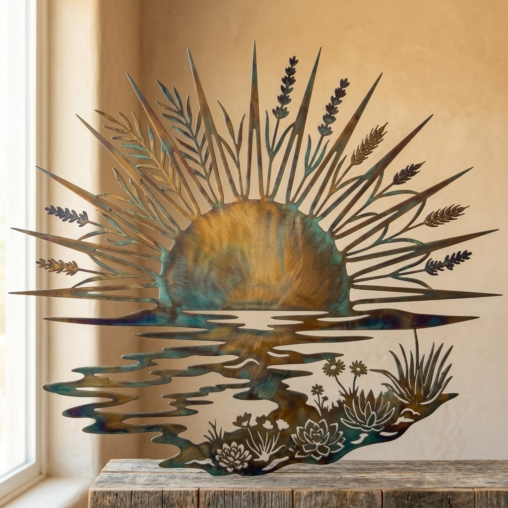 Metal Sun Wall Art, Hand Flamed Coastal Sculpture For Indoor Outdoor Decor