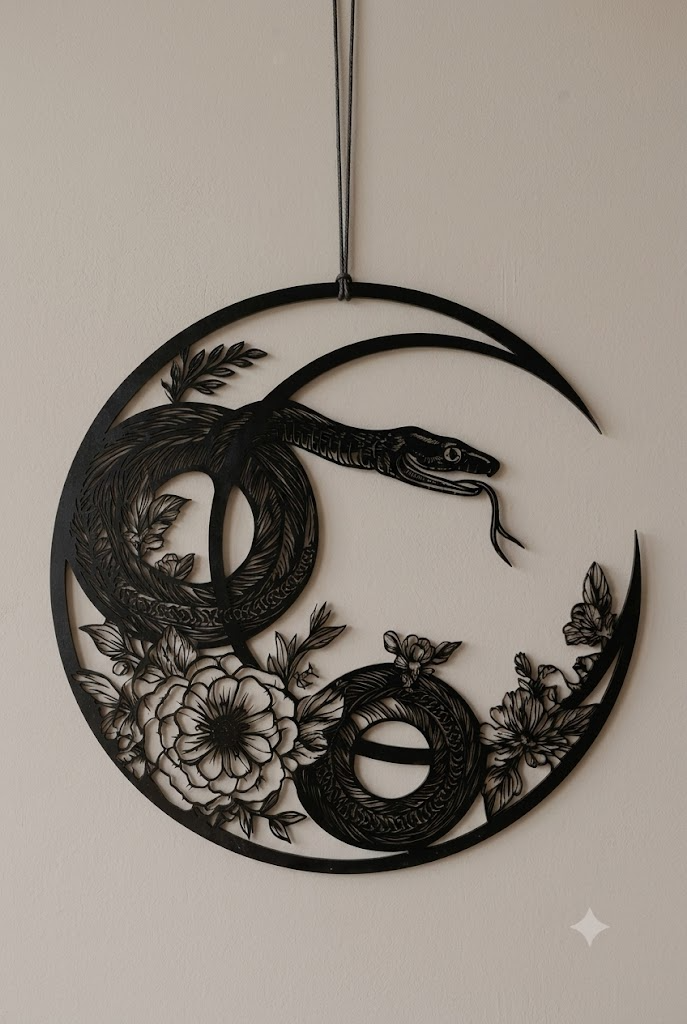 Cottagecore Botanical Metal Sign, Snake Moon Wall Decor, Nature Inspired Art