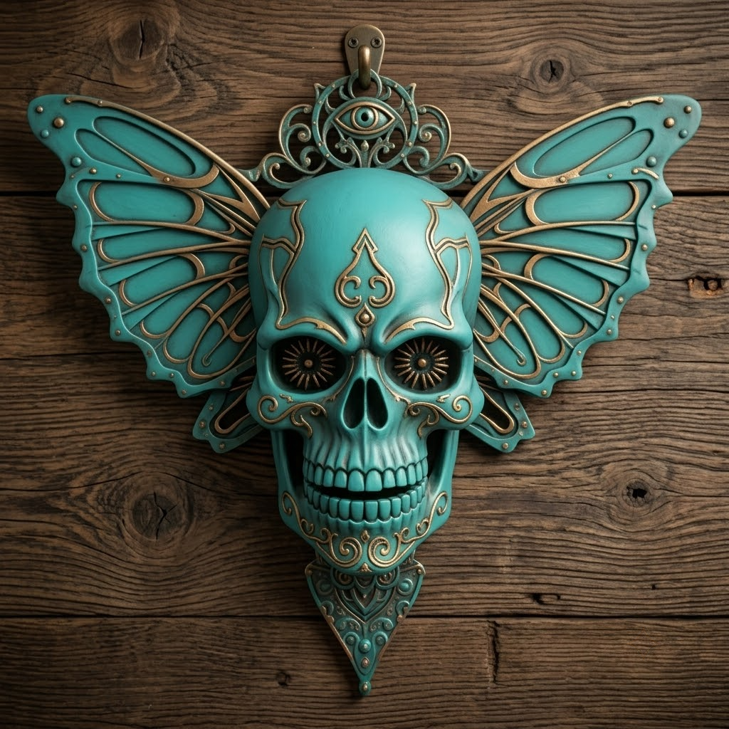 Teal Skull Moth Halloween Metal Wall Art Premium Aluminum Sign