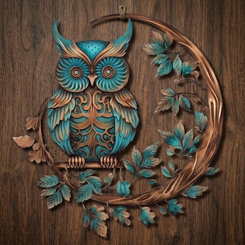 Crescent Moon Owl Autumn Botanicals Metal Wall Art