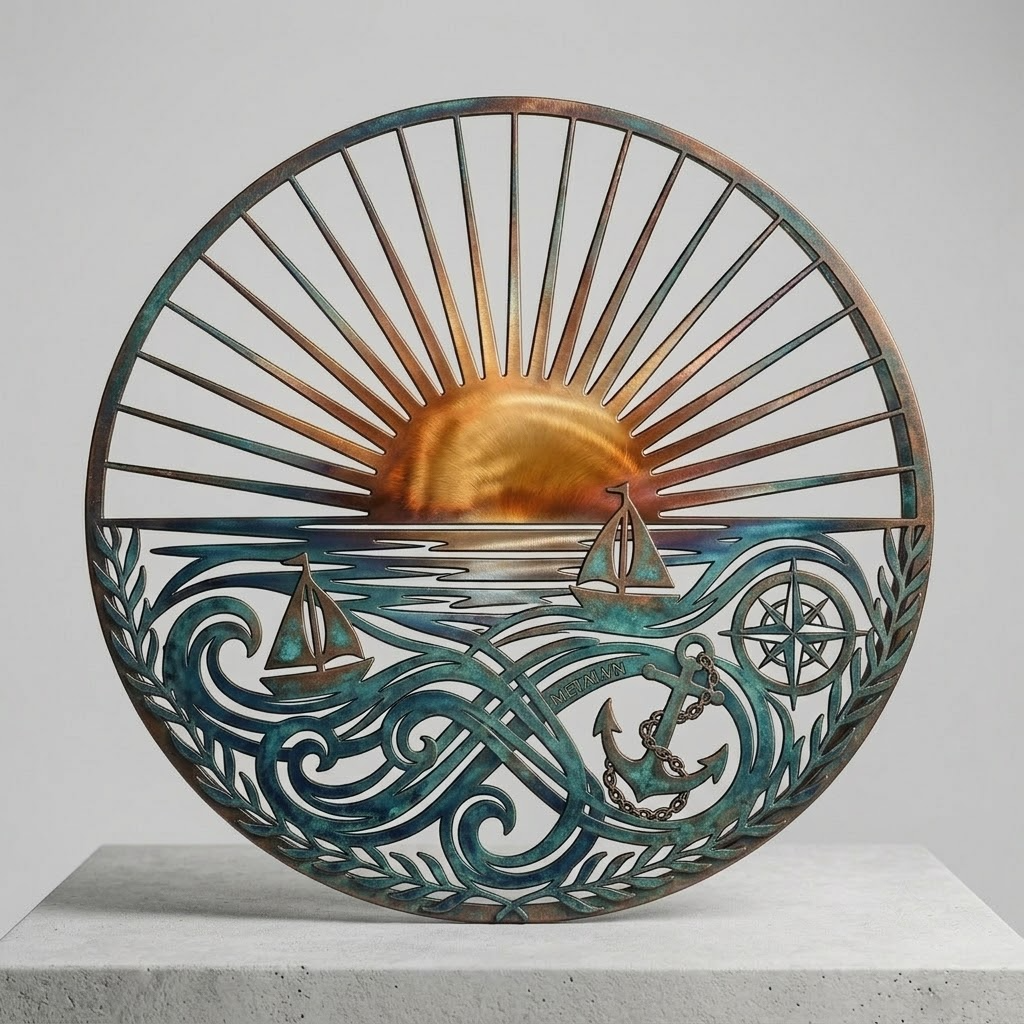 Metal Sun Wall Art, Coastal Outdoor Sign, Nautical Sea Horizon Decor Plaque