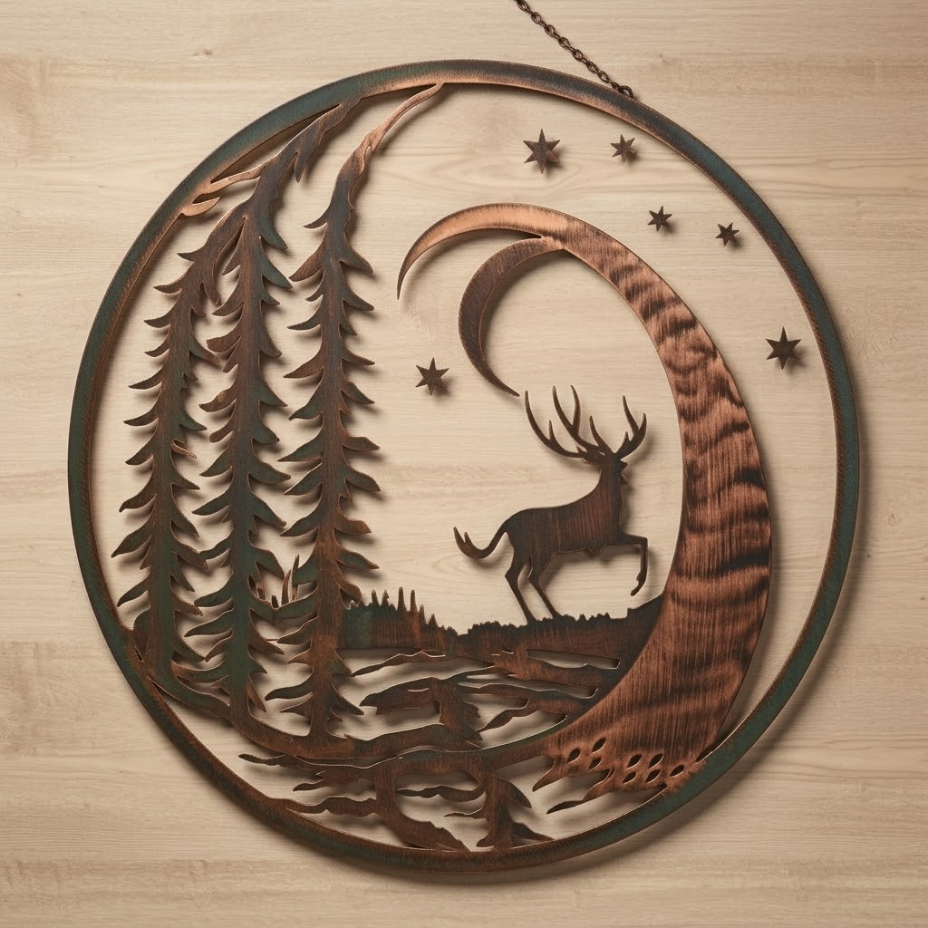 Crescent Moon Deer Pine Branches Metal Wall Art